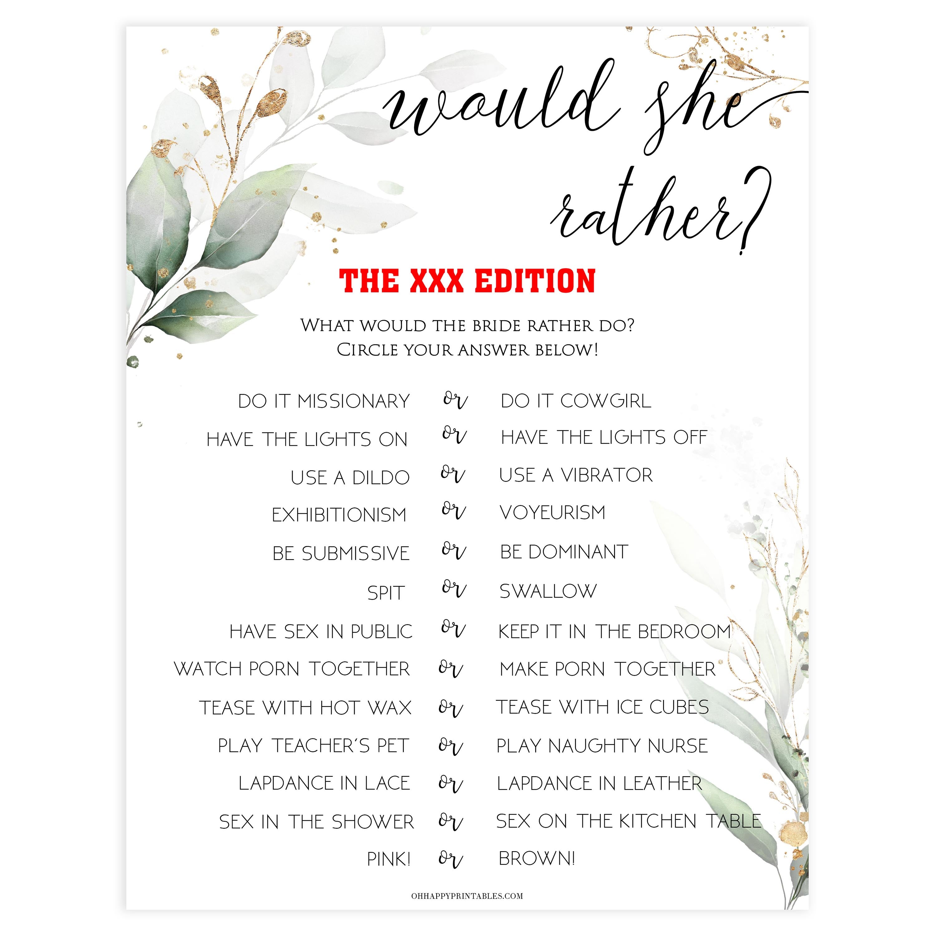 Xxx Would She Rather Game Printable Adult Bachelorette Party Games Ohhappyprintables 8819