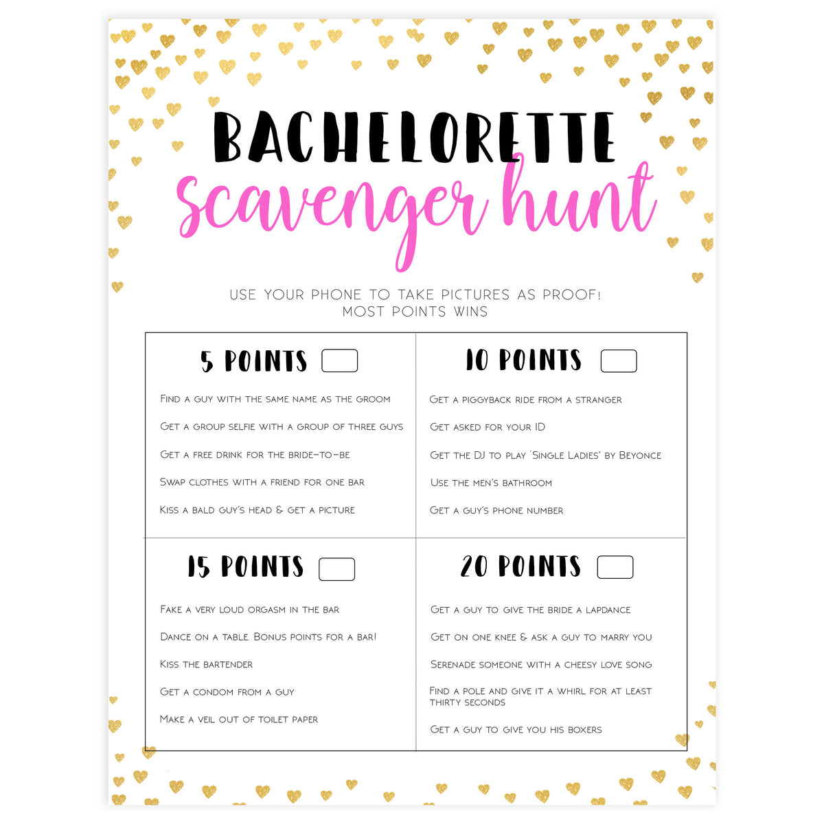 Gold Hearts Bachelorette Scavenger Hunt Printable Bachelorette Games OhHappyPrintables