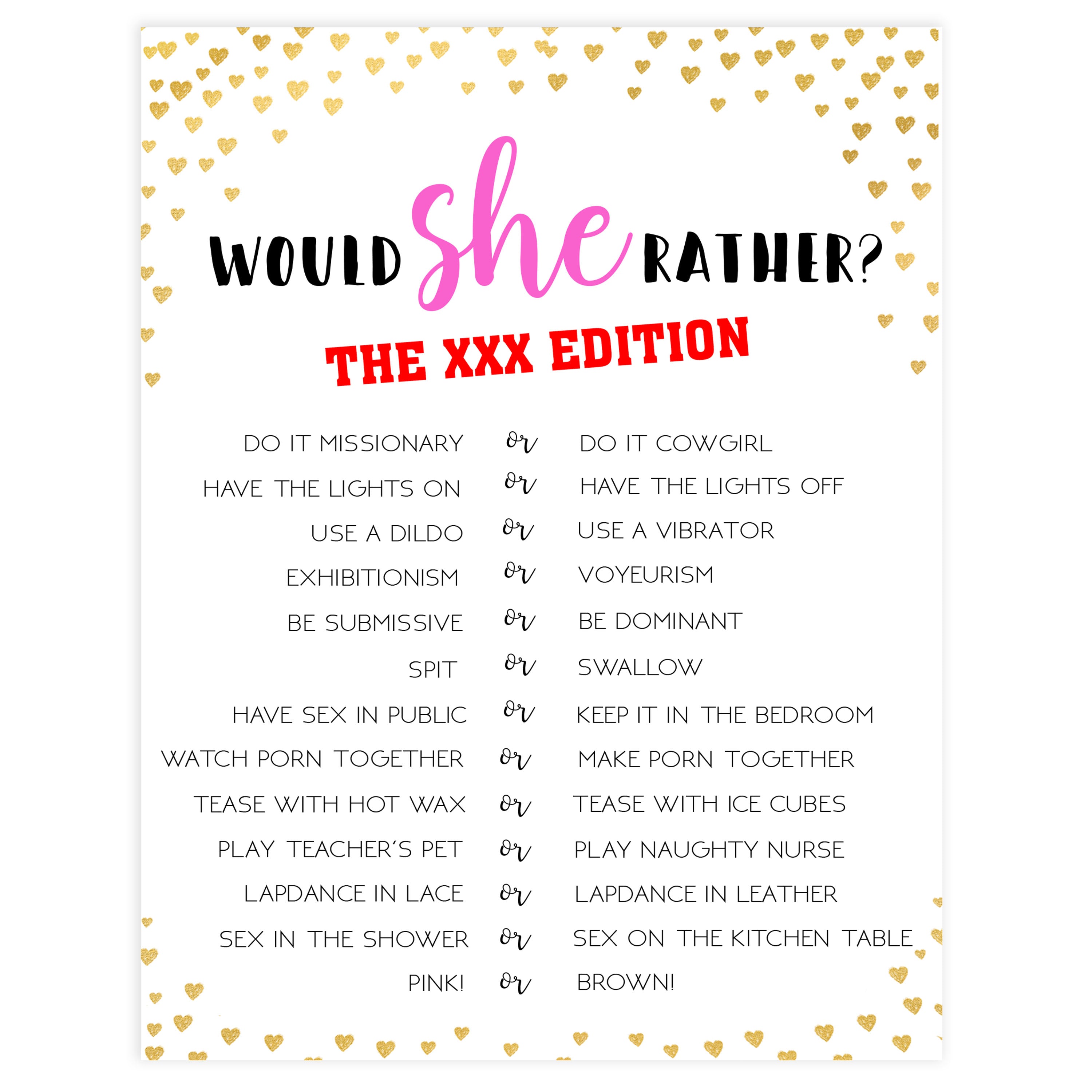 Xxx Would She Rather Game Printable Adult Bachelorette Party Games Atelier Yuwaciaojp
