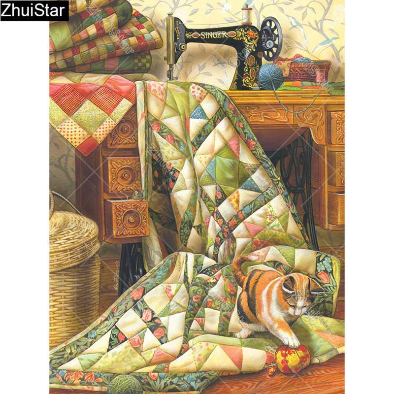 5D Diamond Painting Green Quilt and Striped Cat Kit | Bonanza Marketplace