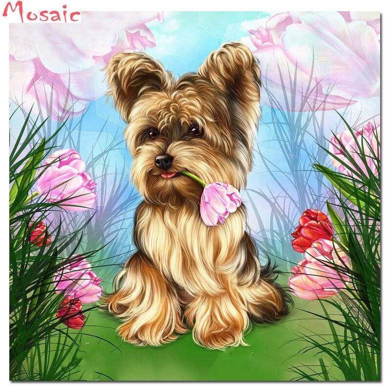 5D Diamond Painting Yorkie in the Tulips Kit | Bonanza Marketplace