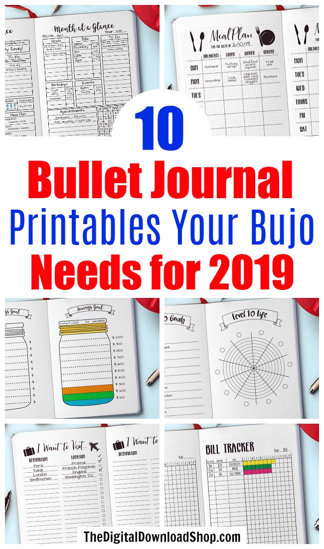 10 Bullet Journal Printables Your Bujo Needs for 2019- A bullet journal can help keep you organized and focused on your goals in 2019! But don't waste time drawing out pages. Instead, get these 10 bullet journal printables! | bullet journal ideas, how to make a bullet journal, bujo trackers, 2019 bullet journal, planner printables, day at a glance, savings trackers, #bulletJournal #bujo #DigitalDownloadShop