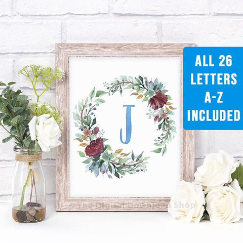 Watercolor Floral Wreath Monogram- Blue