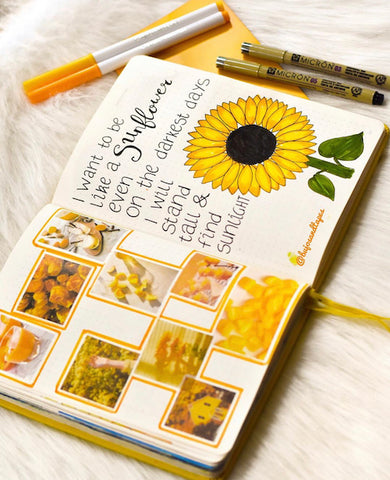 Sunflower Bullet Journal Layout- Get your bullet journal ready for summer with these gorgeous summer bujo ideas! You have to see these inspiring summery trackers, layouts, covers, and more! | #bulletJournal #bujo #bujoIdeas #bujoInspiration #DigitalDownloadShop