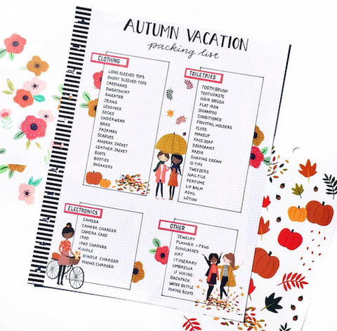Autumn Vacation Packing List- Make your bujo beautiful this fall with inspiration from these 15 fall bullet journals! There are so many beautiful autumn-themed weekly spreads, trackers, and more to try! | autumn bullet journal pages, fall planner ideas, #bulletJournal #bujo #bulletJournalLayout #planner #DigitalDownloadShop
