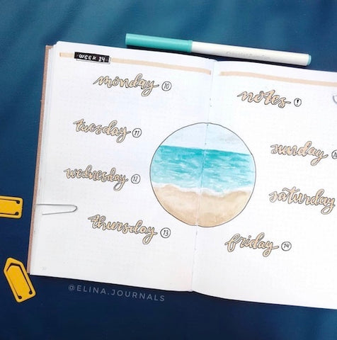 Beach Weekly Bullet Journal Layout- Get your bullet journal ready for summer with these gorgeous summer bujo ideas! You have to see these inspiring summery trackers, layouts, covers, and more! | #bulletJournal #bujo #bujoIdeas #bujoInspiration #DigitalDownloadShop