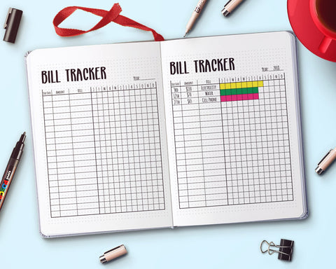 Bullet Journal Bill Tracker Printable- A bullet journal can help keep you organized and focused on your goals in 2019! But don't waste time drawing out pages. Instead, get these 10 bullet journal printables! | bullet journal ideas, how to make a bullet journal, bujo trackers, 2019 bullet journal, planner printables, day at a glance, savings trackers, #bulletJournal #bujo #DigitalDownloadShop