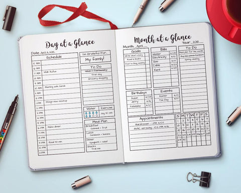 Month + Day at a Glance Printables- A bullet journal can help keep you organized and focused on your goals in 2019! But don't waste time drawing out pages. Instead, get these 10 bullet journal printables! | bullet journal ideas, how to make a bullet journal, bujo trackers, 2019 bullet journal, planner printables, day at a glance, savings trackers, #bulletJournal #bujo #DigitalDownloadShop