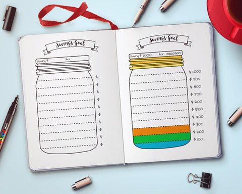 Bullet Journal Savings Jar- A bullet journal can help keep you organized and focused on your goals in 2019! But don't waste time drawing out pages. Instead, get these 10 bullet journal printables! | bullet journal ideas, how to make a bullet journal, bujo trackers, 2019 bullet journal, planner printables, day at a glance, savings trackers, #bulletJournal #bujo #DigitalDownloadShop