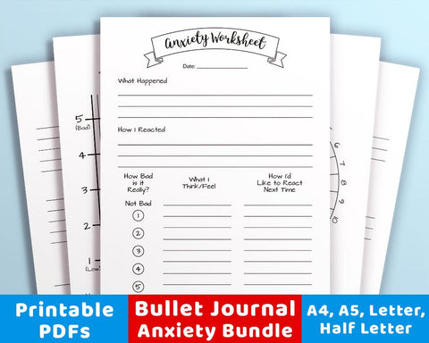 Bullet Journal Anxiety Printables- A bullet journal can help keep you organized and focused on your goals in 2019! But don't waste time drawing out pages. Instead, get these 10 bullet journal printables! | bullet journal ideas, how to make a bullet journal, bujo trackers, 2019 bullet journal, planner printables, day at a glance, savings trackers, #bulletJournal #bujo #DigitalDownloadShop