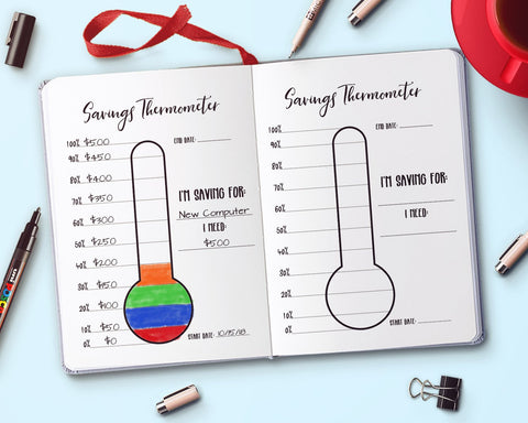 Savings Thermometer Printable- A bullet journal can help keep you organized and focused on your goals in 2019! But don't waste time drawing out pages. Instead, get these 10 bullet journal printables! | bullet journal ideas, how to make a bullet journal, bujo trackers, 2019 bullet journal, planner printables, day at a glance, savings trackers, #bulletJournal #bujo #DigitalDownloadShop