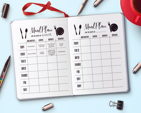 Weekly Meal Planner Bullet Journal Printable- A bullet journal can help keep you organized and focused on your goals in 2019! But don't waste time drawing out pages. Instead, get these 10 bullet journal printables! | bullet journal ideas, how to make a bullet journal, bujo trackers, 2019 bullet journal, planner printables, meal planning, menu plan, #bulletJournal #bujo #DigitalDownloadShop