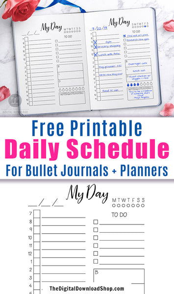 Free Printable Bullet Journal Daily Schedule- If you want to organize your day and achieve your goals with ease, you need this free printable day at a glance page in your bujo or planner! | daily log, bullet journal page ideas, daily agenda, #freePrintable #bulletjournal #planner #DigitalDownloadShop