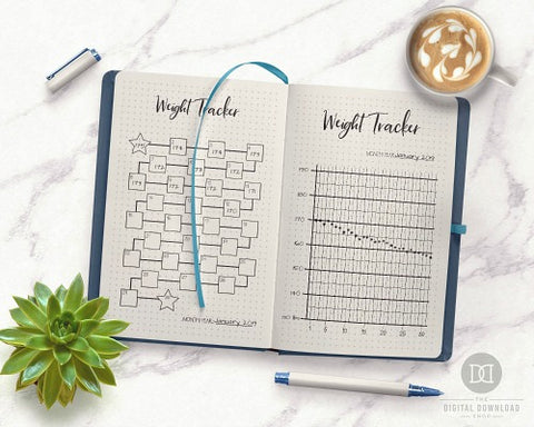 Bullet Journal Weight Tracker Printables- If you want to lose weight or just get healthy, your bullet journal can help! | lose weight, planner printables, bullet journal page ideas, bullet journal spread inspiration, #bulletJournal #fitness #DigitalDownloadShop