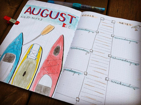 Canoe Summer Bullet Journal Layout- Get your bullet journal ready for summer with these gorgeous summer bujo ideas! You have to see these inspiring summery trackers, layouts, covers, and more! | #bulletJournal #bujo #bujoIdeas #bujoInspiration #DigitalDownloadShop