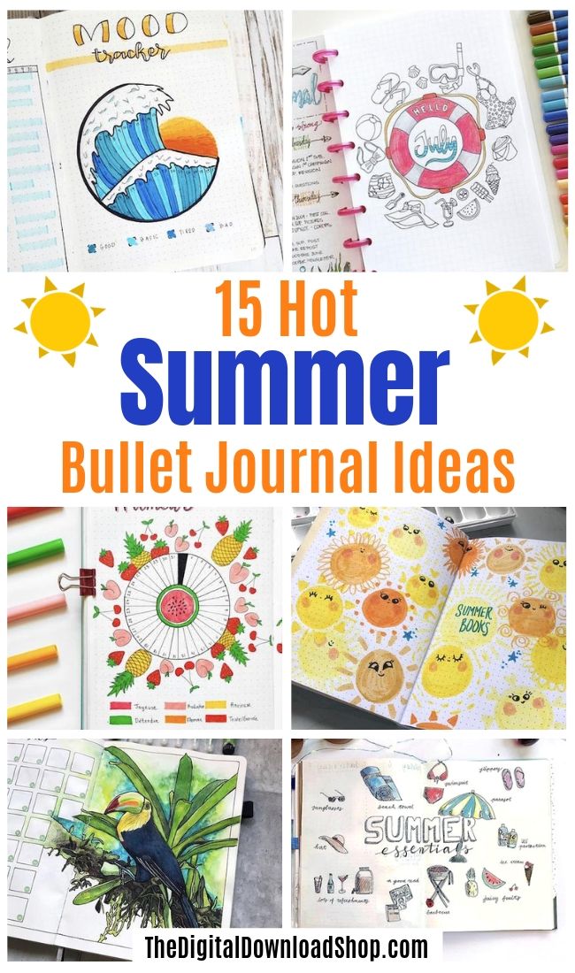 15 HOT Summer Bullet Journal Layouts- Get your bullet journal ready for summer with these gorgeous summer bujo ideas! You have to see these inspiring summery trackers, layouts, covers, and more! | #bulletJournal #bujo #bujoIdeas #bujoInspiration #DigitalDownloadShop