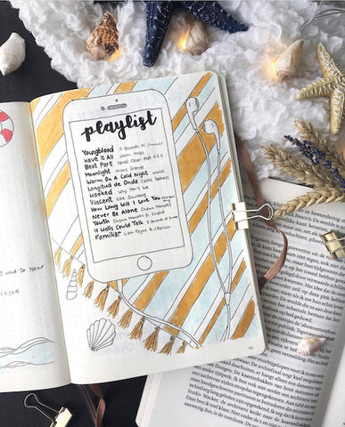 Summer Playlist Bullet Journal Page- Get your bullet journal ready for summer with these gorgeous summer bujo ideas! You have to see these inspiring summery trackers, layouts, covers, and more! | #bulletJournal #bujo #bujoIdeas #bujoInspiration #DigitalDownloadShop