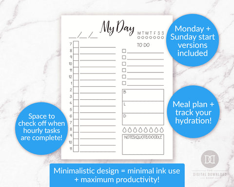 Free Printable Day at a Glance- If you want to organize your day and achieve your goals with ease, you need this free printable day at a glance page in your bujo or planner! | daily log, bullet journal page ideas, daily agenda, #freePrintable #bulletjournal #planner #DigitalDownloadShop