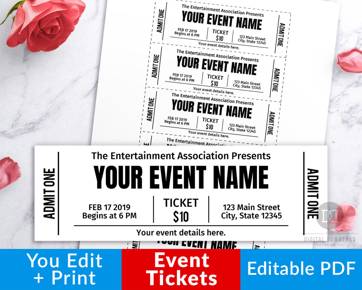 Event Ticket Editable Printable Black and White The Digital Download