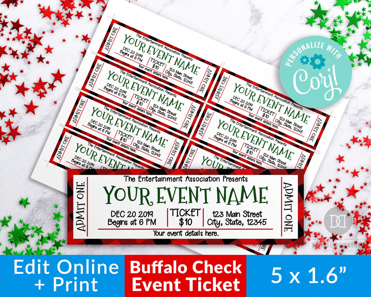 Christmas Event Ticket Template Red Buffalo Check *EDIT ONLINE* The Digital Download Shop