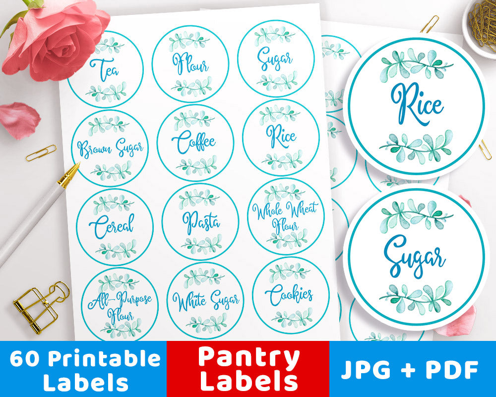 Printable Pantry Labels 23.23" Circles- Watercolor Leaf  The Regarding Pantry Labels Template