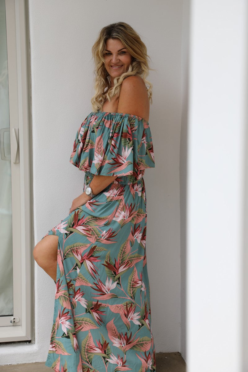 Tropical Frill Dress - Green & Prink Paradise Print
