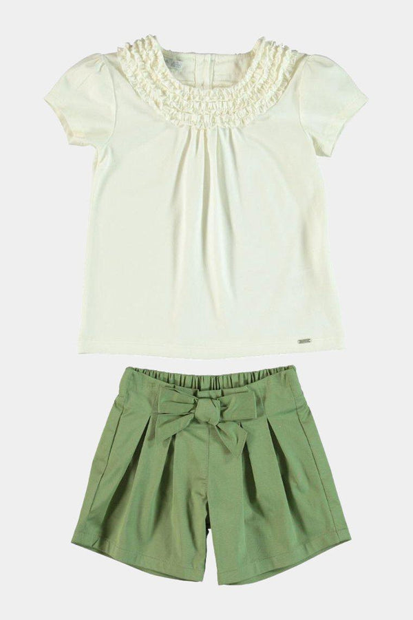 100% Cotton with Elastane White Frill Top And Green Bow Shorts Girls Set - SinglePrice