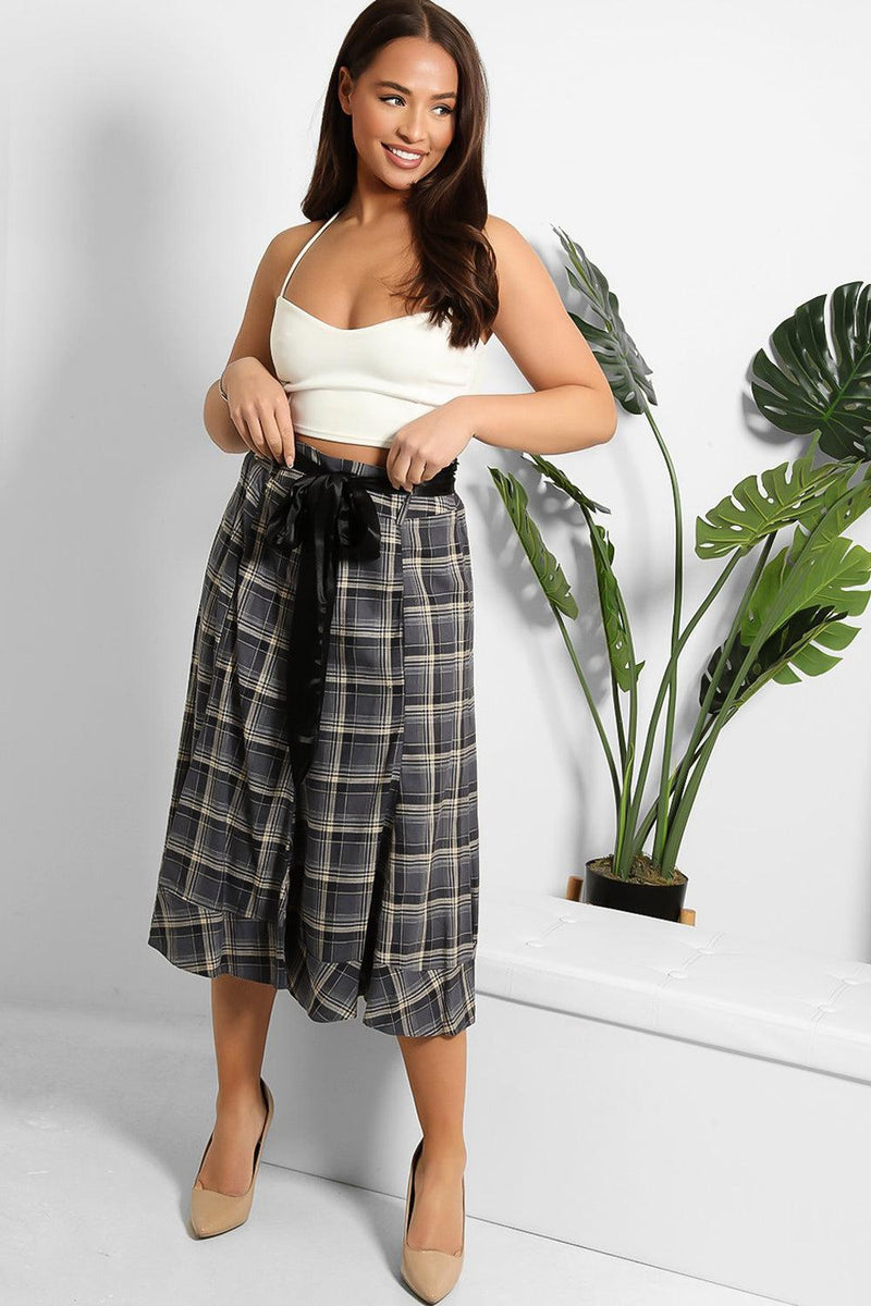 Slate Check Satin Sash Belt Midi Skirt-SinglePrice