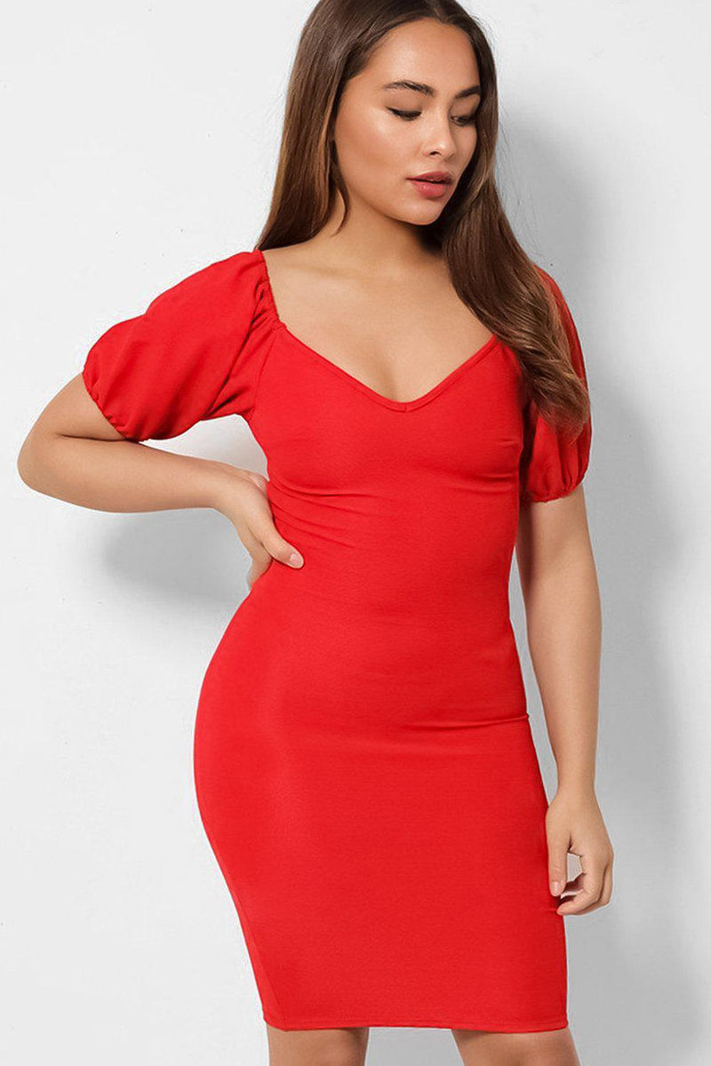 Solid Red V-Neck Puff Sleeves Mini Bodycon Dress-SinglePrice