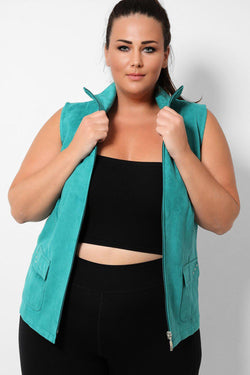 Green Super-Soft Vegan Suede Beaded Pockets Gilet - SinglePrice