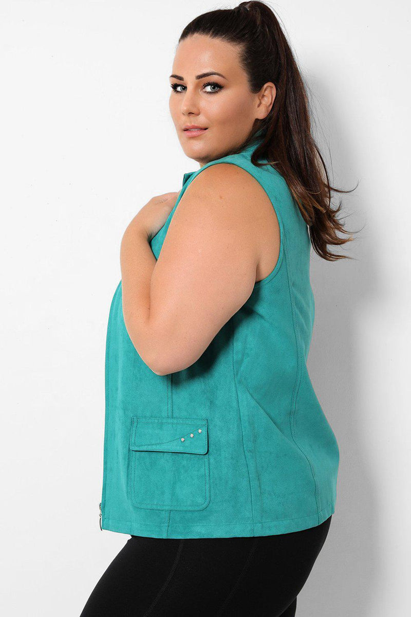 Green Super-Soft Vegan Suede Beaded Pockets Gilet - SinglePrice