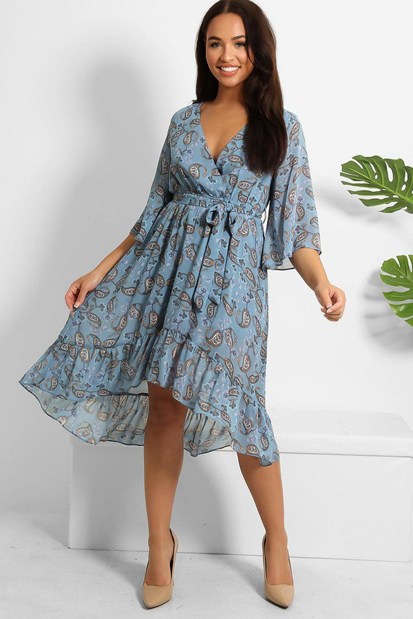 Blue Paisley Print Dip Hem Chiffon Dress-SinglePrice