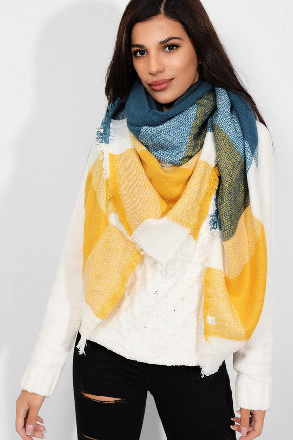 Contrast Plaid Frayed Yellow Square Scarf - SinglePrice