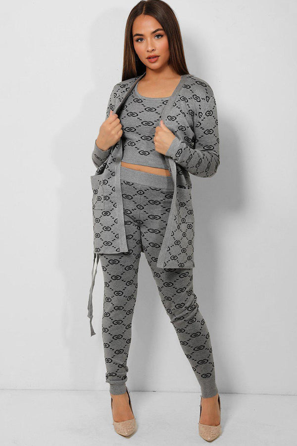 Grey Chain Print Self-Belt Cardigan Top And Leggings Knitted 3 Piece Set-SinglePrice