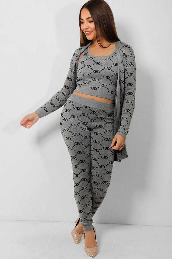 Grey Chain Print Self-Belt Cardigan Top And Leggings Knitted 3 Piece Set-SinglePrice