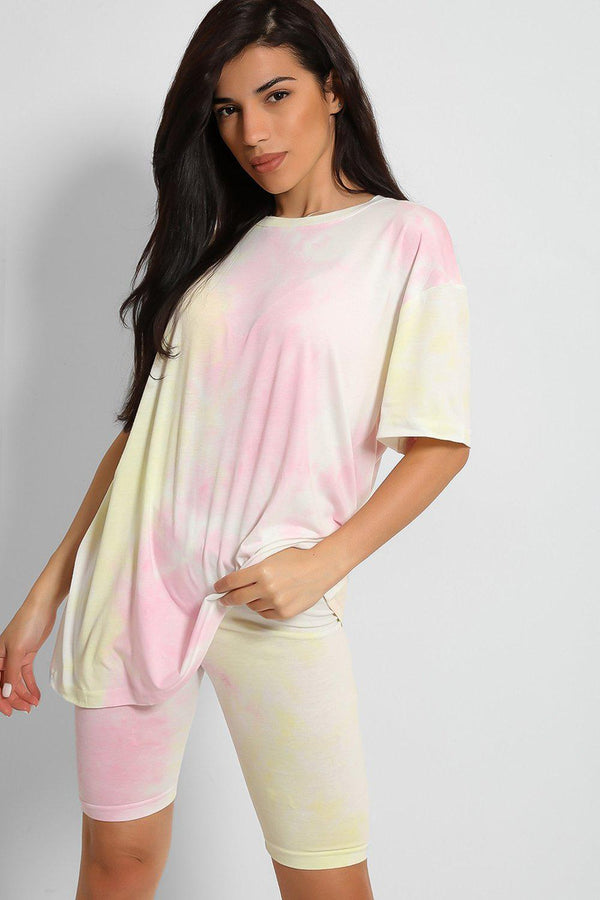 Pink Tie Dye Lazy Fit Oversized T-shirt And Cycling Shorts Lounge Set-SinglePrice