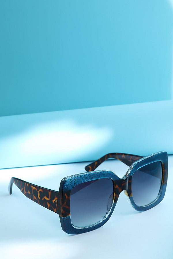 Blue Brown Blue Glitter Large Square Sunglasses - SinglePrice