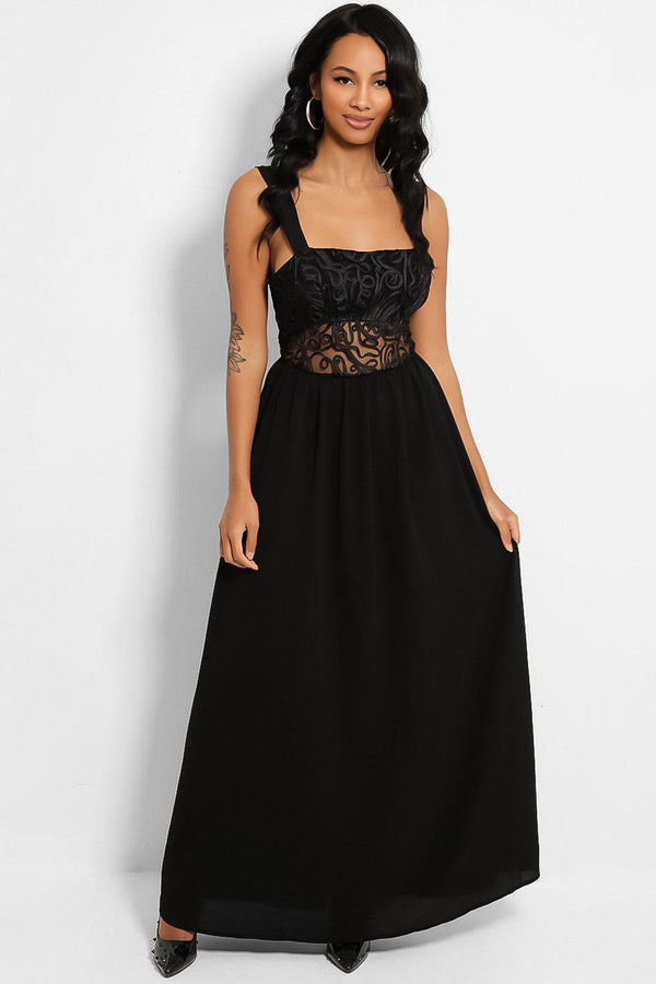 Black Embroidered Chiffon Maxi Dress-SinglePrice