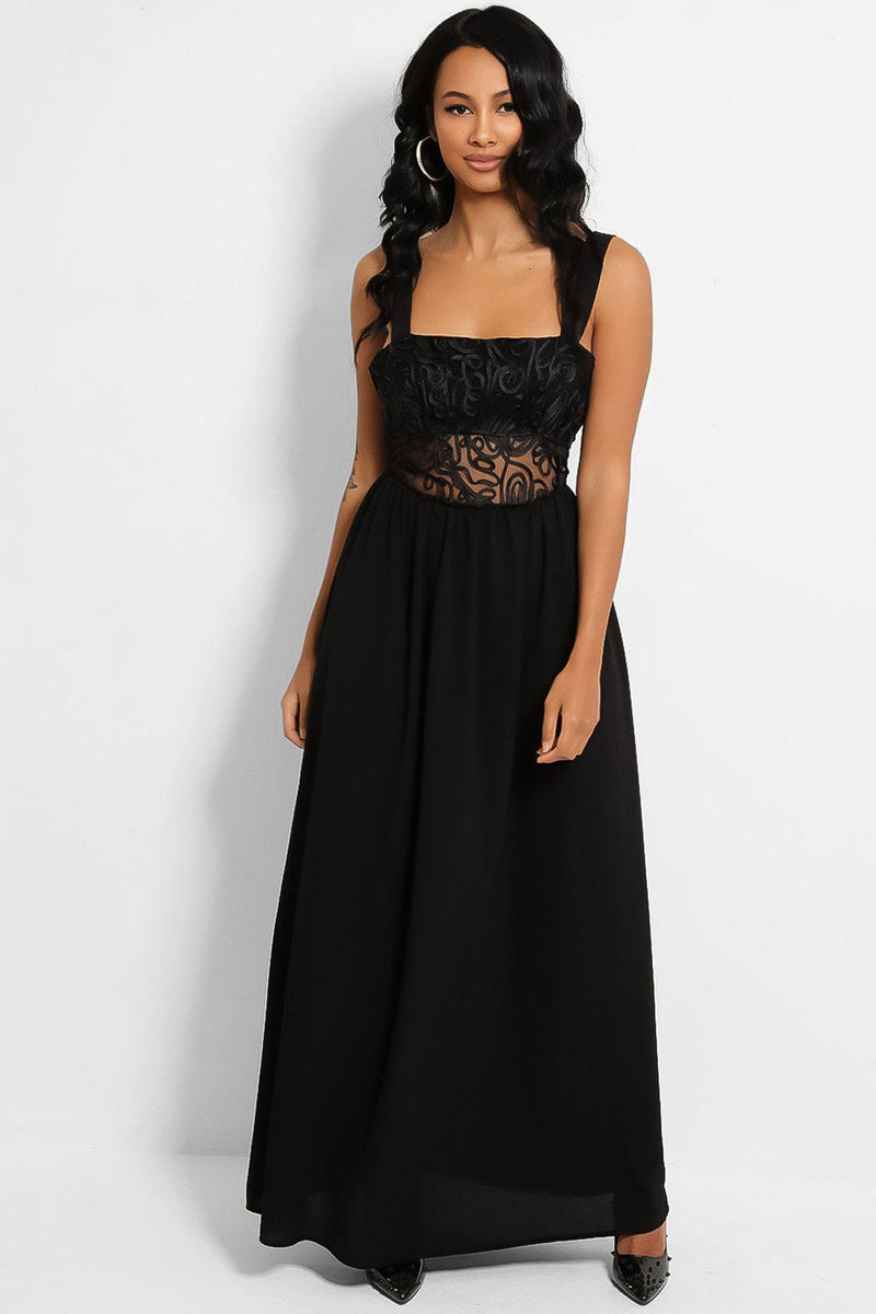 Black Embroidered Chiffon Maxi Dress-SinglePrice