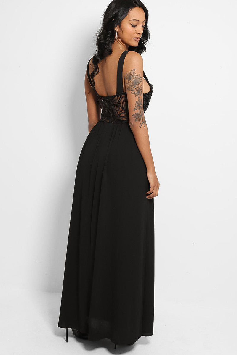 Black Embroidered Chiffon Maxi Dress-SinglePrice