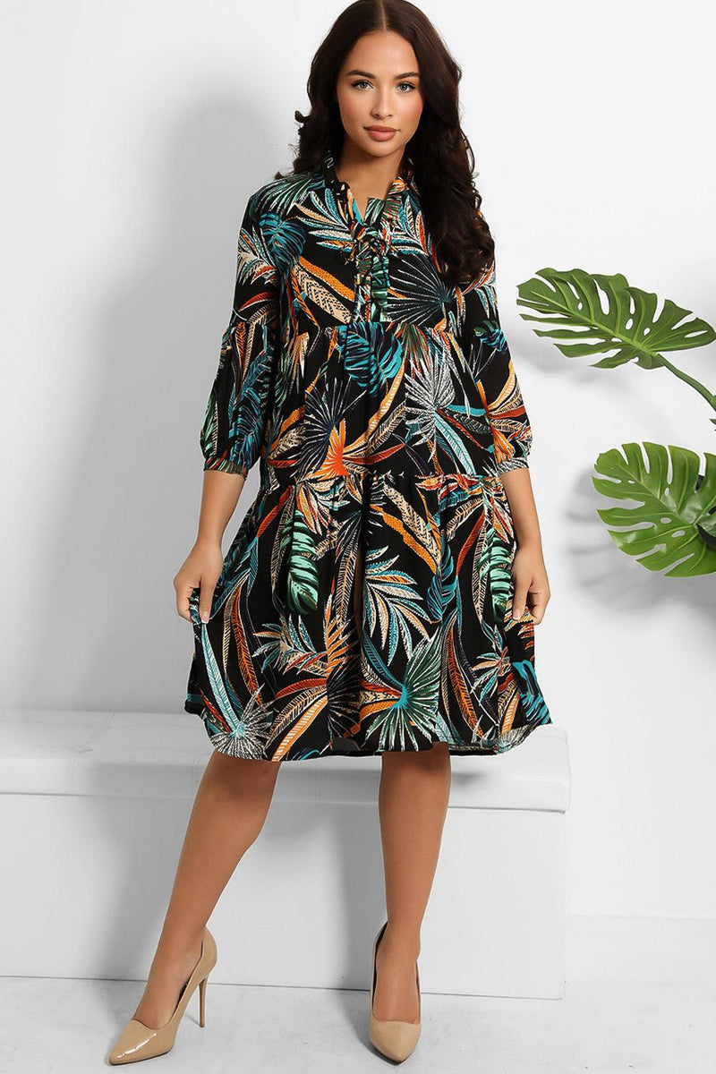 Multicolour Leaves Print Tiered Midi Dress-SinglePrice