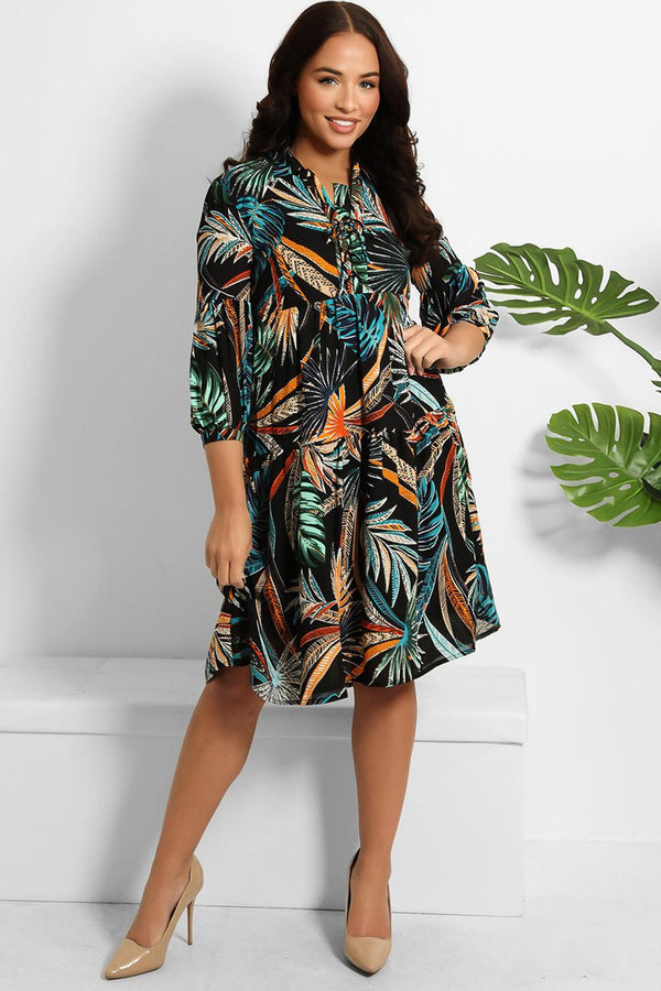 Multicolour Leaves Print Tiered Midi Dress-SinglePrice