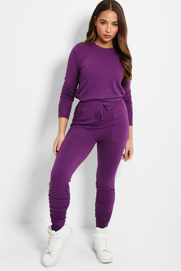 Purple Ruched Sleeve Top Large Pockets Leggings Knitted Set-SinglePrice