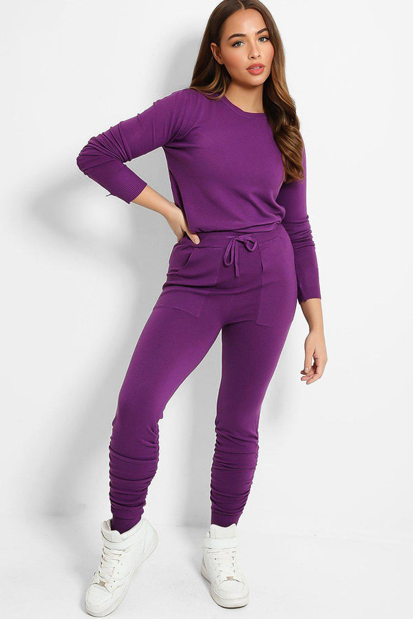Purple Ruched Sleeve Top Large Pockets Leggings Knitted Set-SinglePrice
