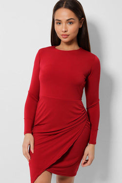 Burgundy Wrap Asymmetric Cut Slinky Bodycon Dress - SinglePrice