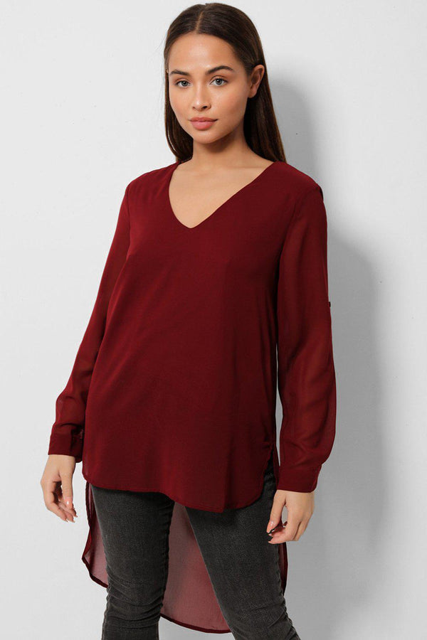 Burgundy Dip Hem Chiffon Top - SinglePrice