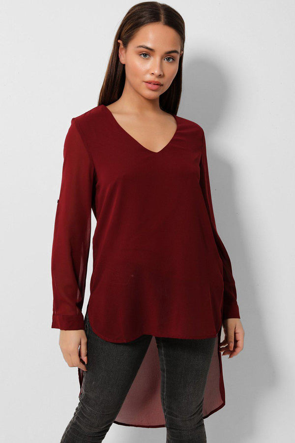 Burgundy Dip Hem Chiffon Top - SinglePrice