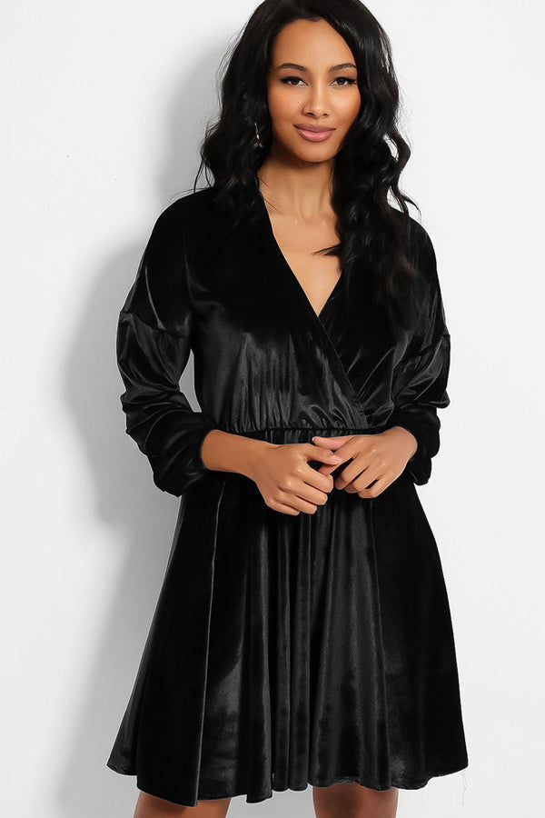 Black Wrap V-Neck Soft Touch Velvet Skater Dress-SinglePrice