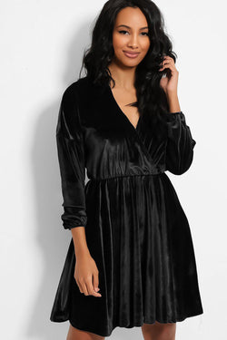 Black Wrap V-Neck Soft Touch Velvet Skater Dress-SinglePrice