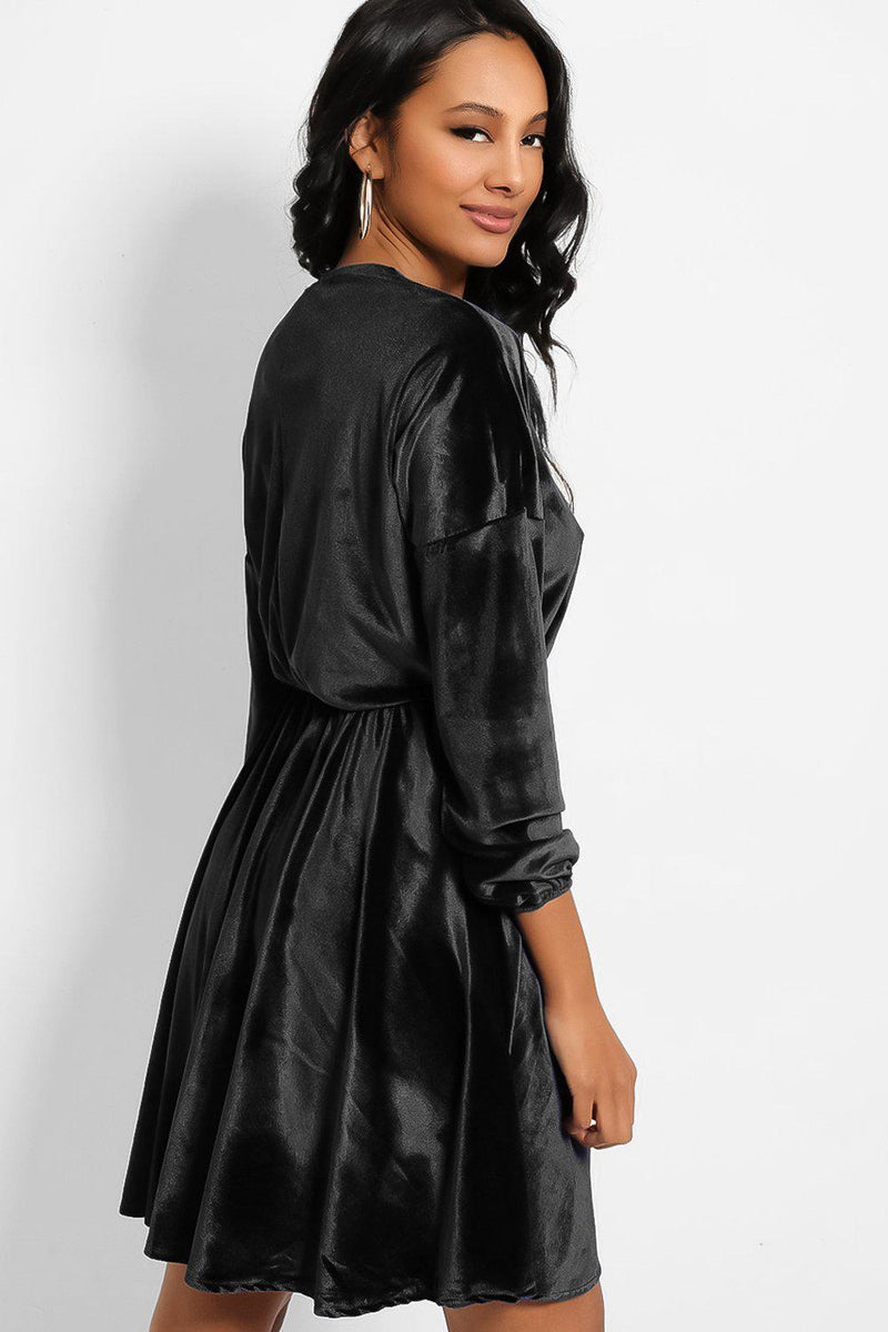 Black Wrap V-Neck Soft Touch Velvet Skater Dress-SinglePrice